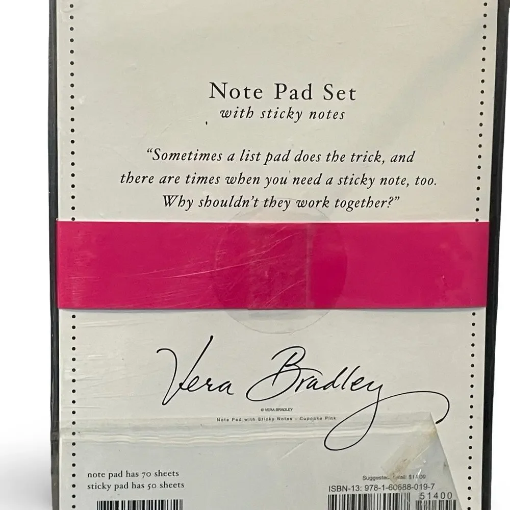 Vera Bradley Note Pad Set Sticky Notes Cupcake Pink Paisley Sealed Retired New
